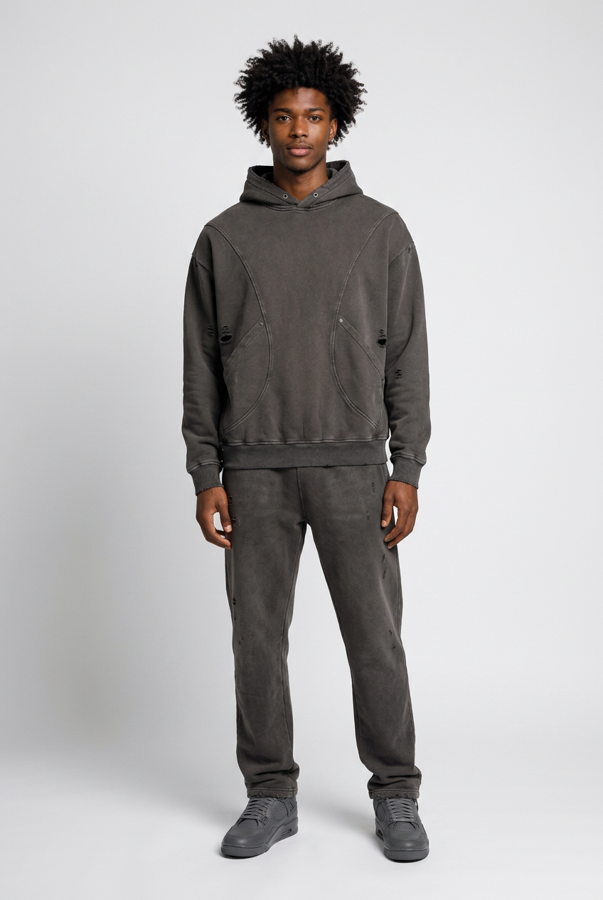 Snow Washed Distressed Panel Pocket Hoodie