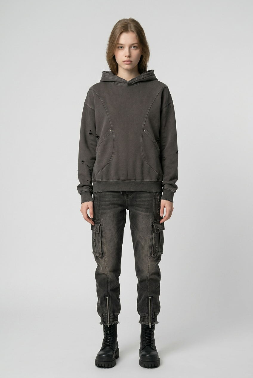 Snow Washed Distressed Panel Pocket Hoodie