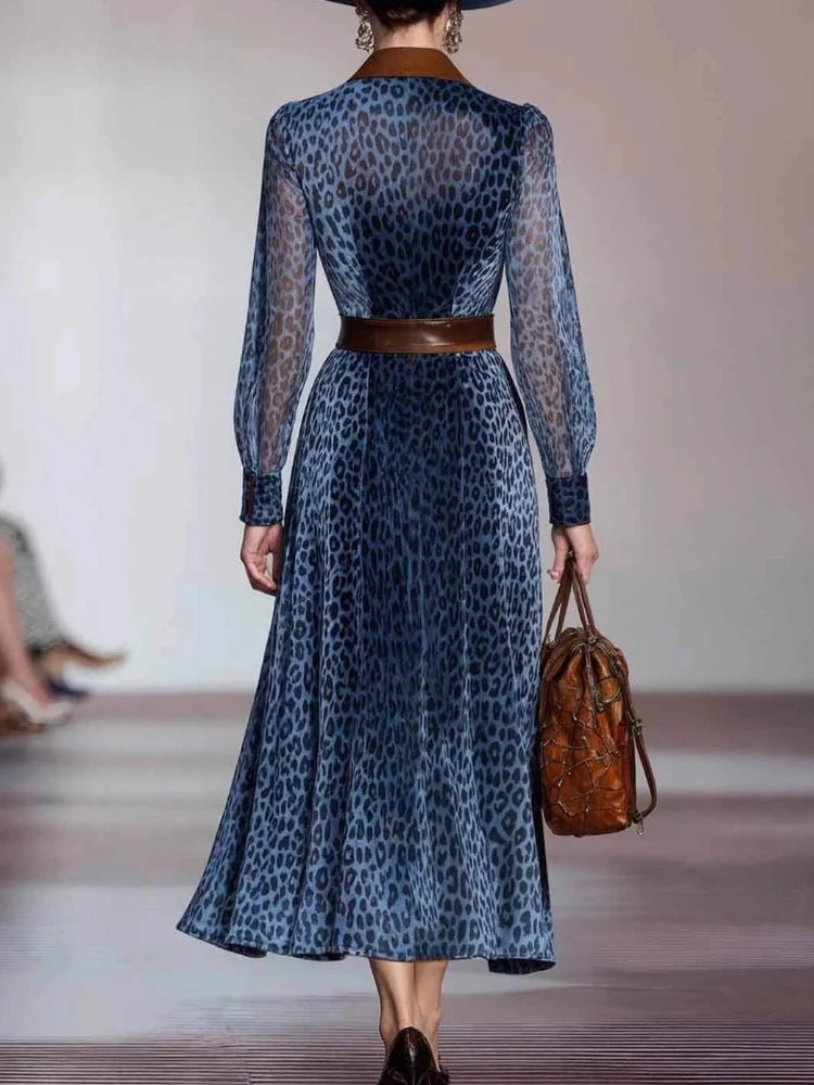 Woman Retro Turndown Collar Leopard Print Dress