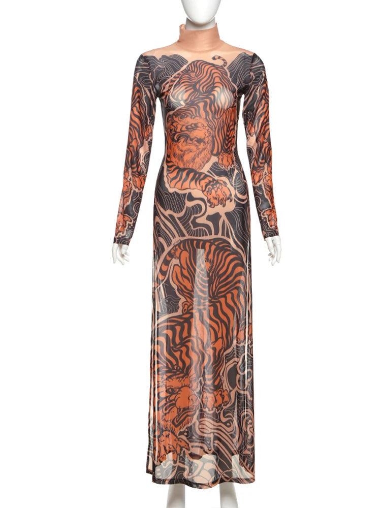 Tiger Print Sheer Long Sleeve Top