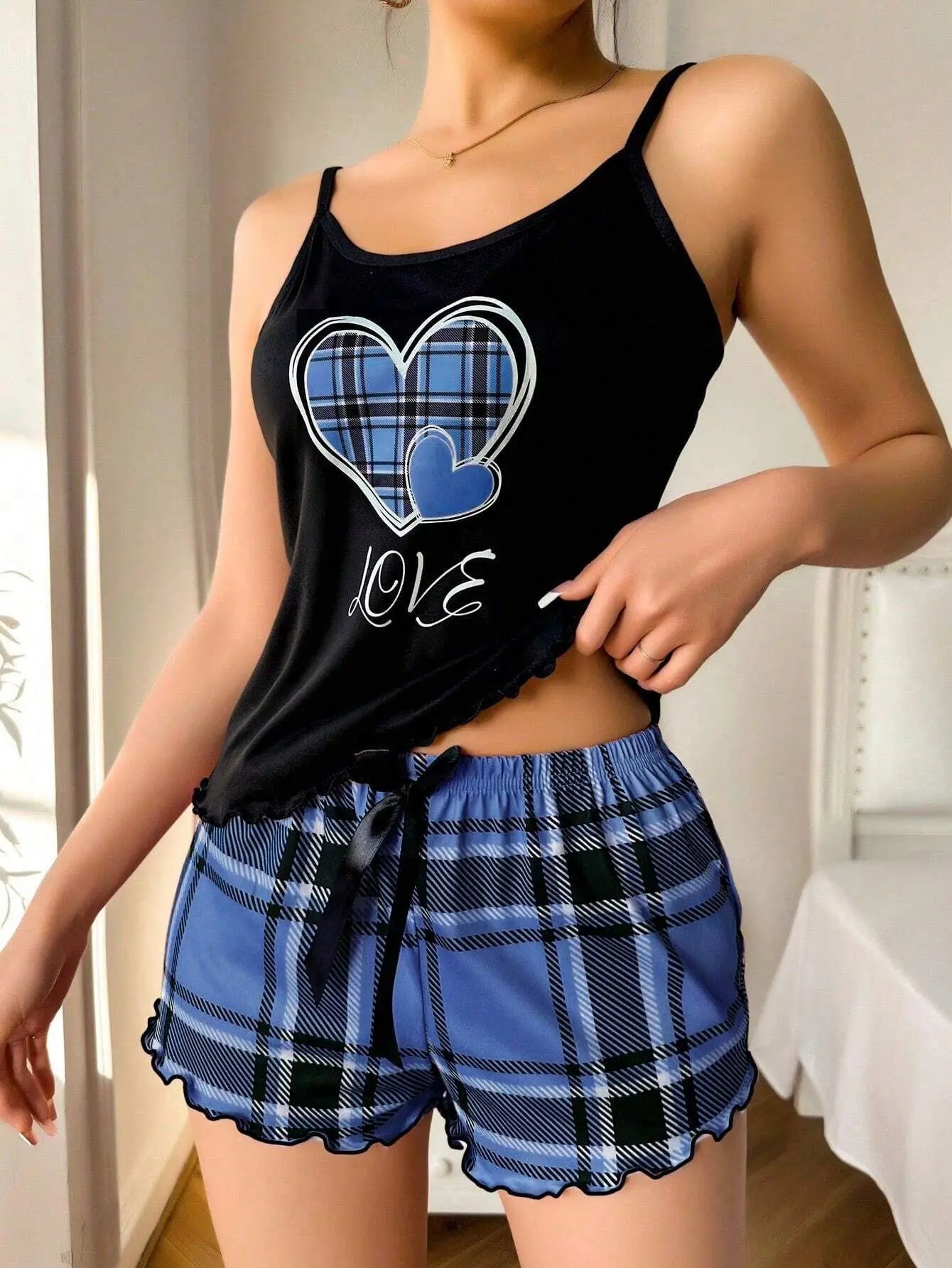 Plaid Heart Cami &Shorts Pajama Set
