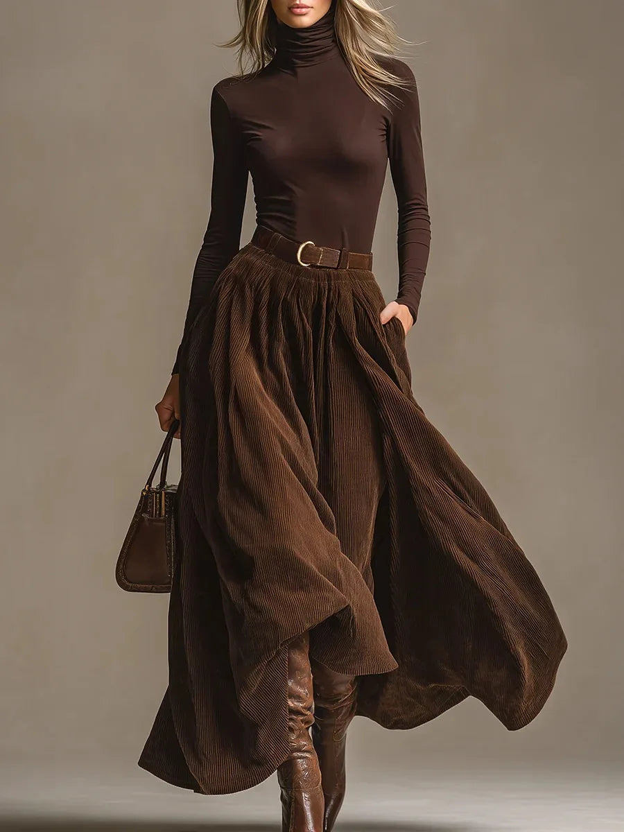 Retro Long Sleeve Corduroy Long Skirt Suit
