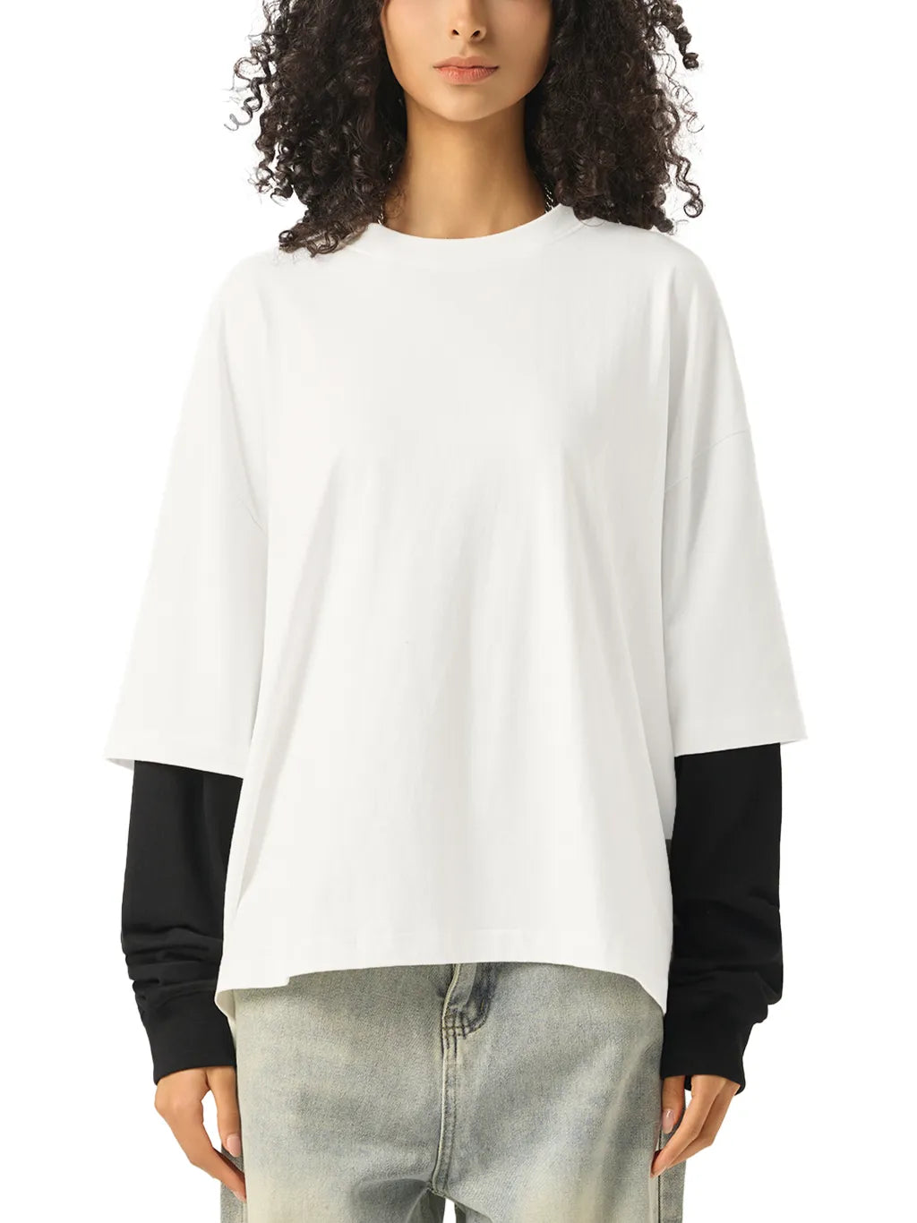 Layered Contrast Sleeve Cotton T-Shirt