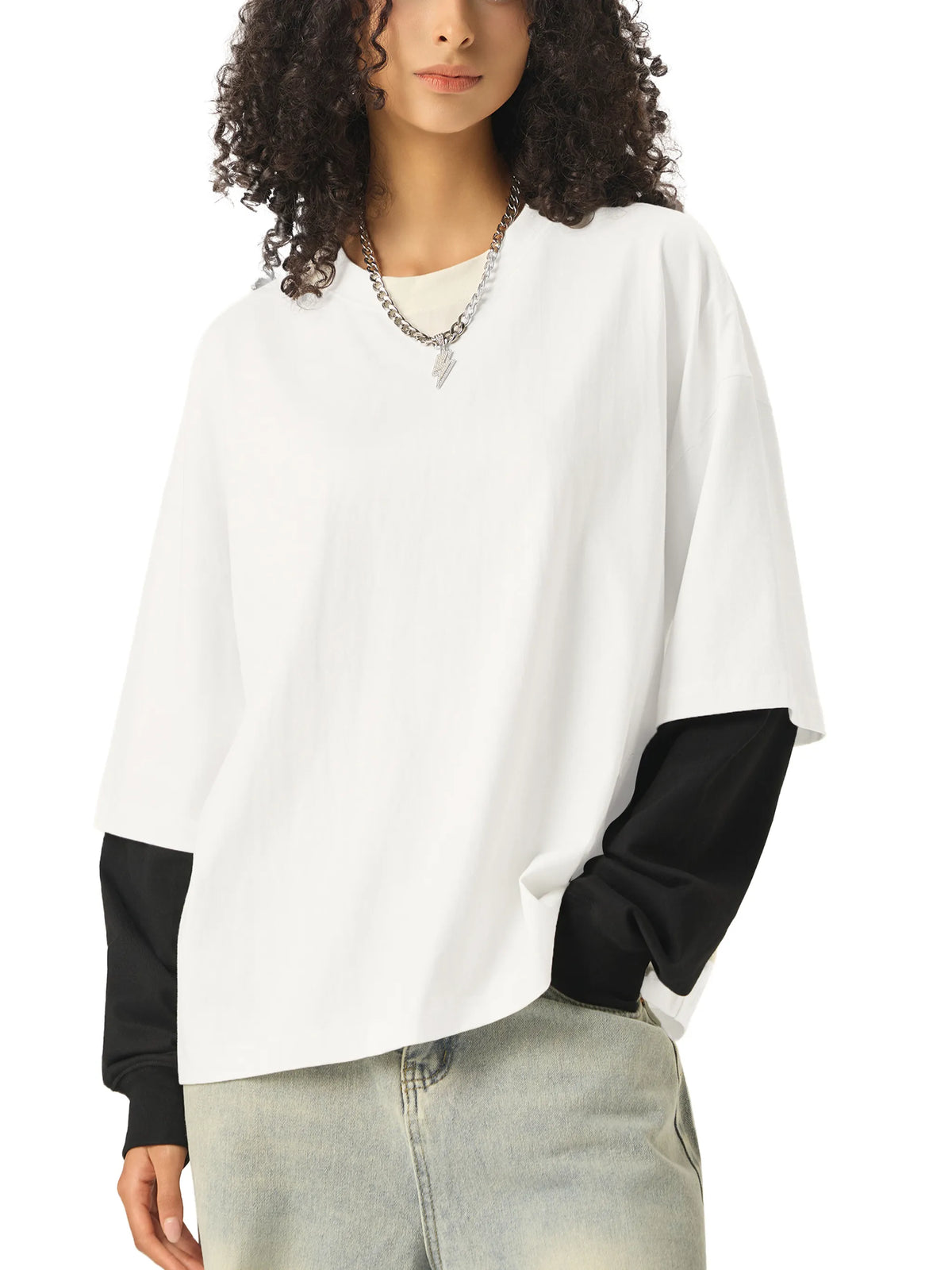 Layered Contrast Sleeve Cotton T-Shirt