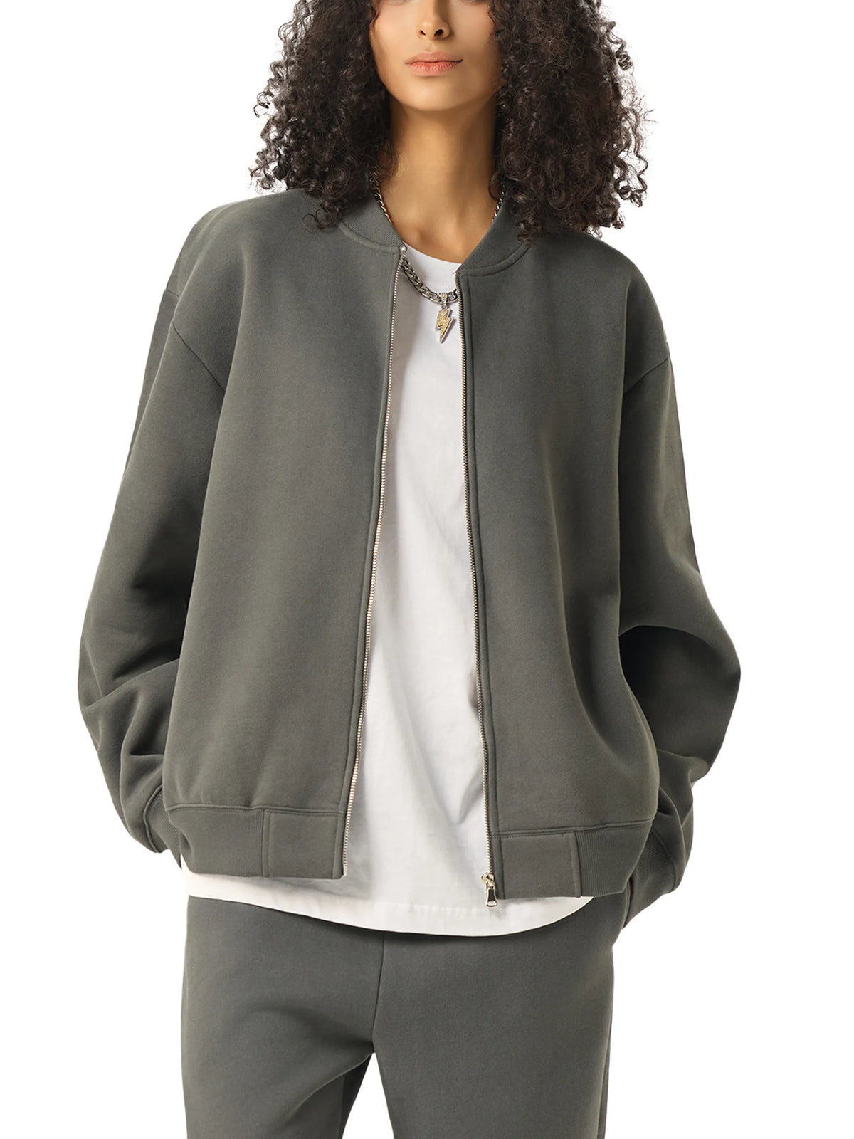 Essential Zip-Up Fleeced Varsity Jacket