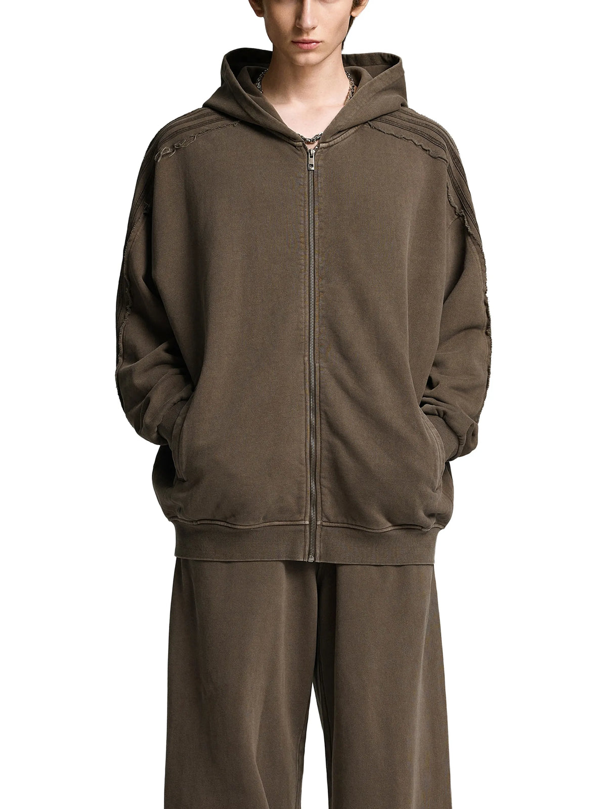 Snow Washed Tape Raw Edge Zip Hoodie