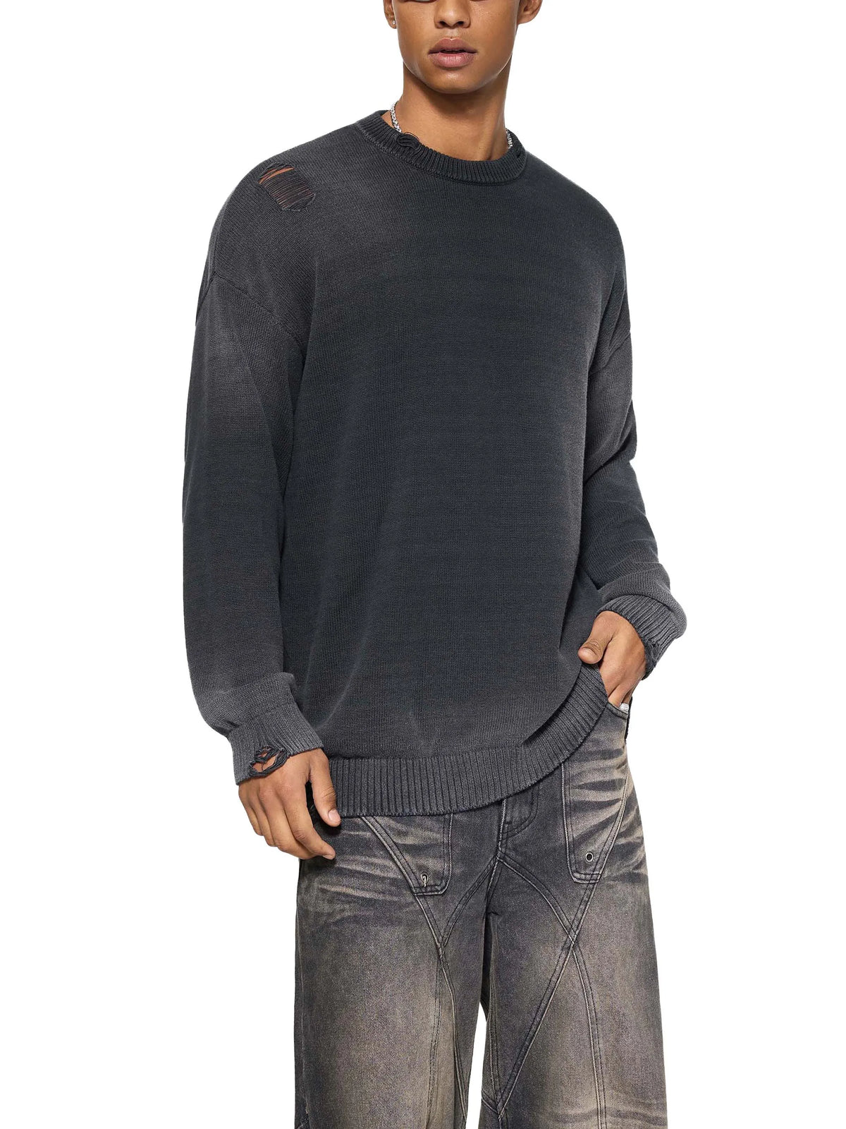 Sun Fade Distressed Ripped Crewneck sweater