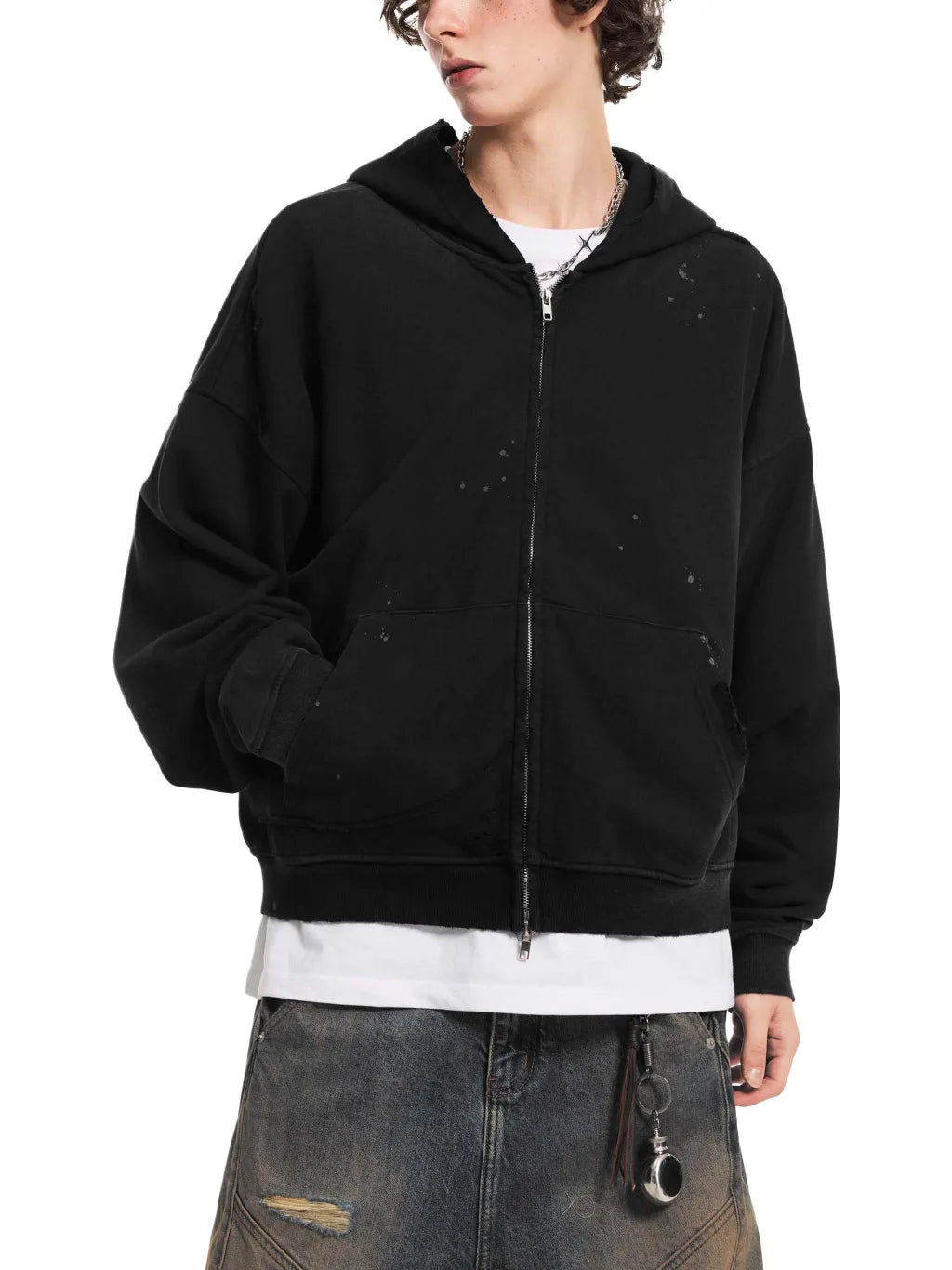 Sun Fade Frayed Raw Edge Fleece Zip Hoodie