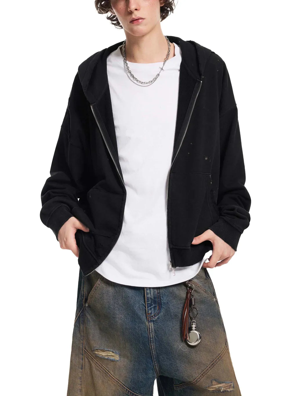 Sun Fade Frayed Raw Edge Fleece Zip Hoodie