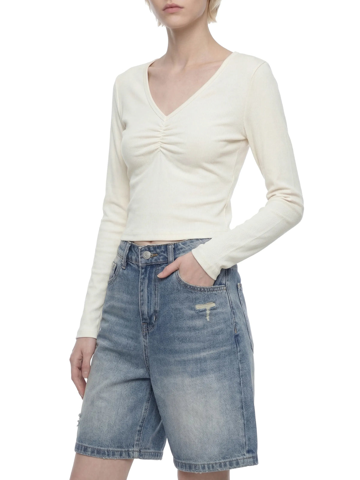 Ruched Long Sleeve Crop T-Shirt