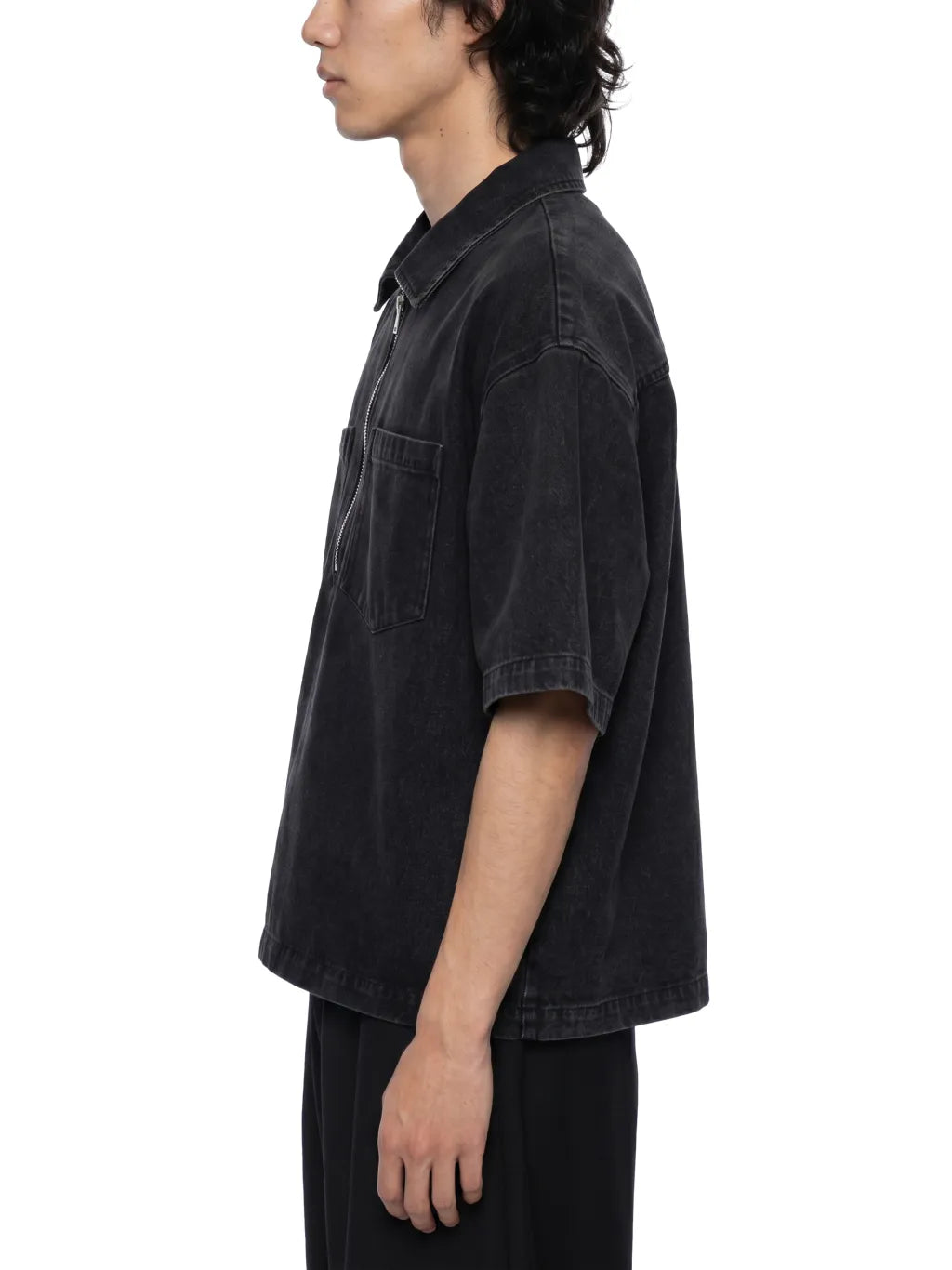 Vintage Wash Boxy Quarter-Zip Denim Shirt