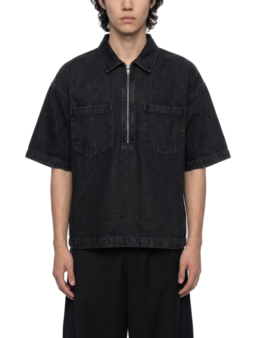 Vintage Wash Boxy Quarter-Zip Denim Shirt