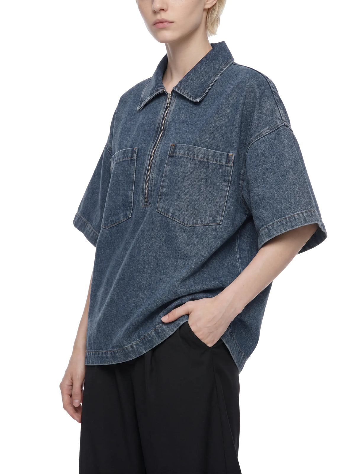 Vintage Wash Boxy Quarter-Zip Denim Shirt