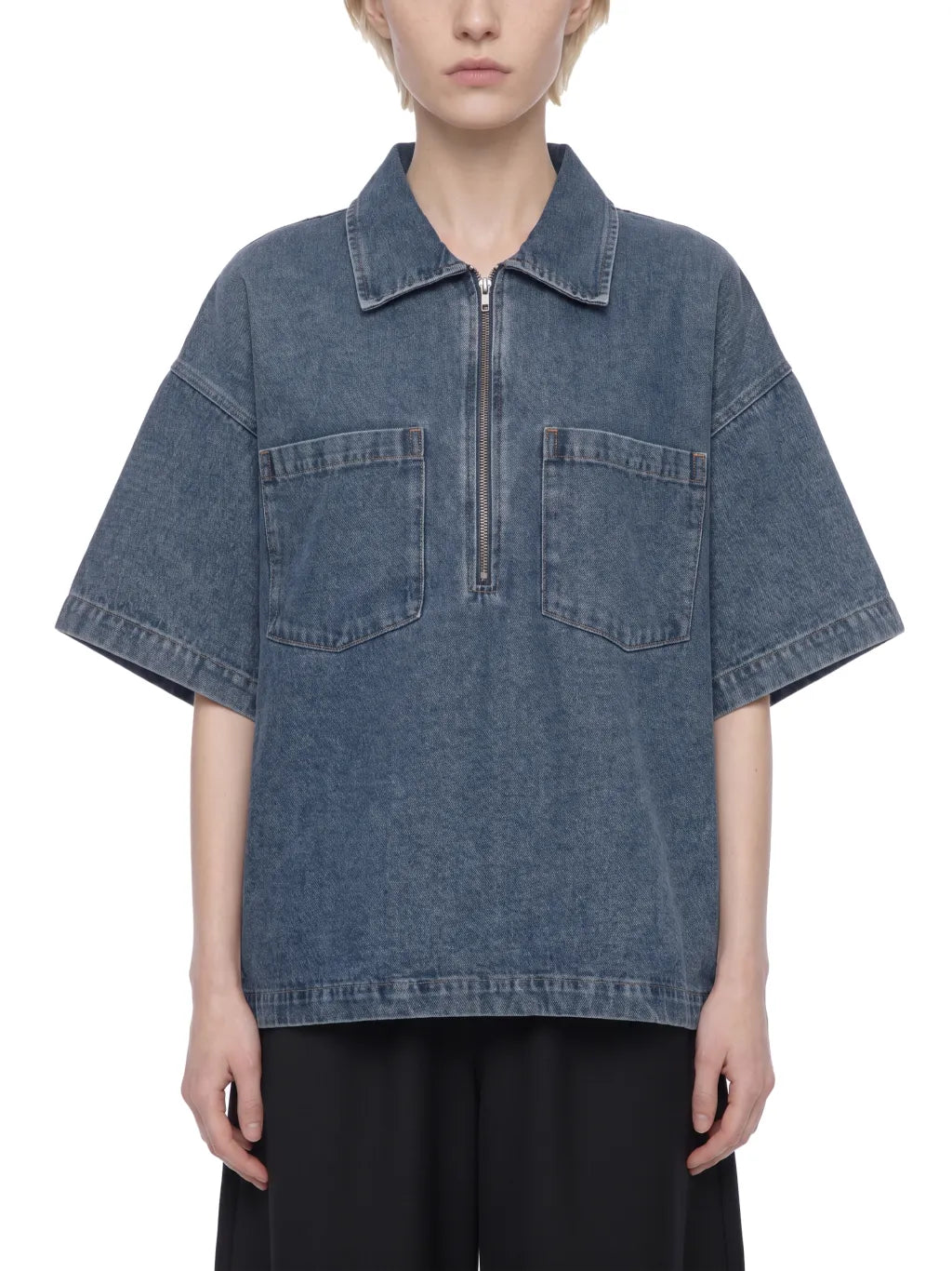 Vintage Wash Boxy Quarter-Zip Denim Shirt