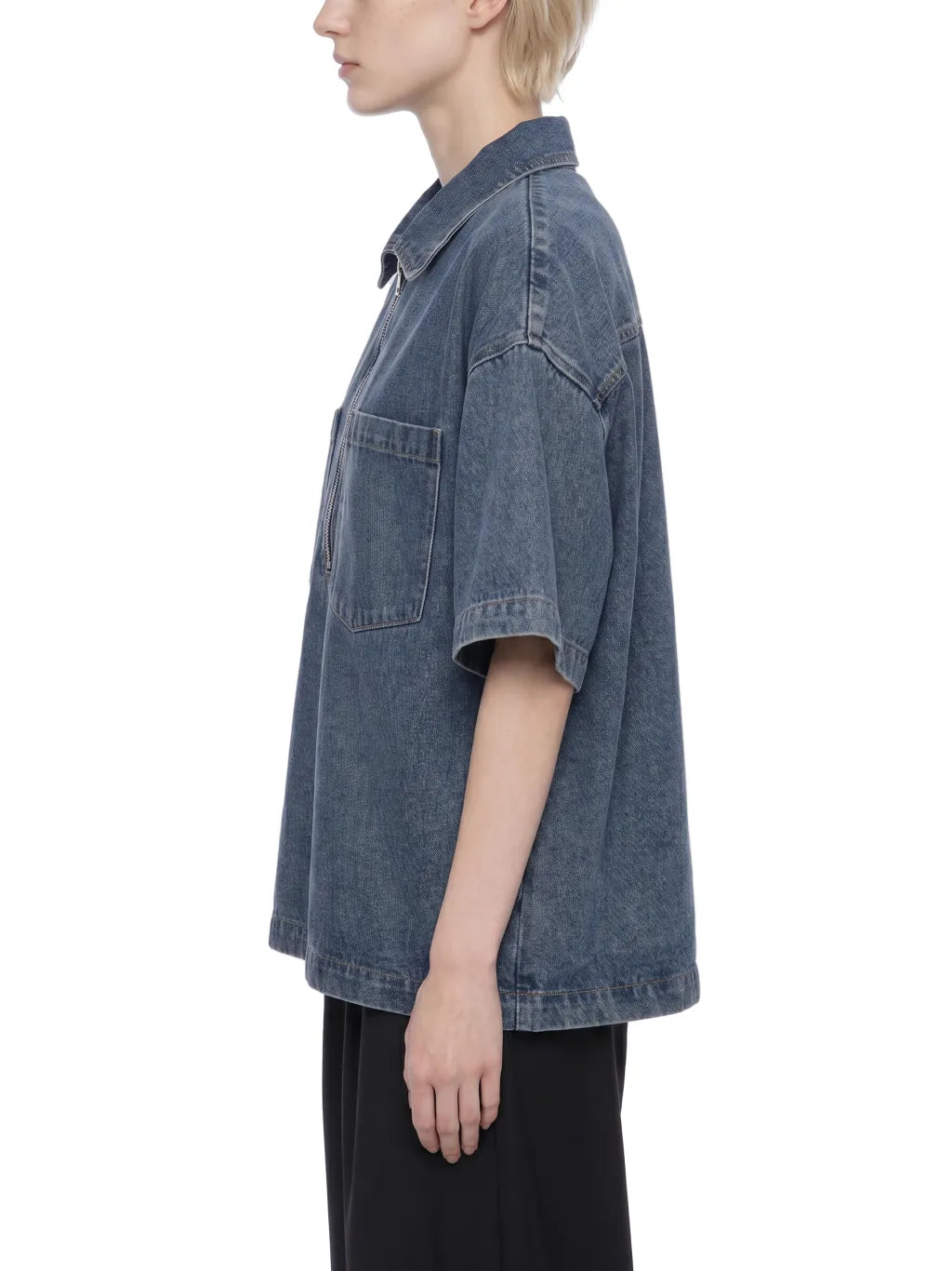 Vintage Wash Boxy Quarter-Zip Denim Shirt