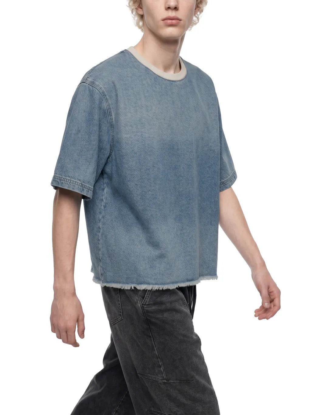 Vintage Wash Boxy Raw Hem Denim T-Shirt