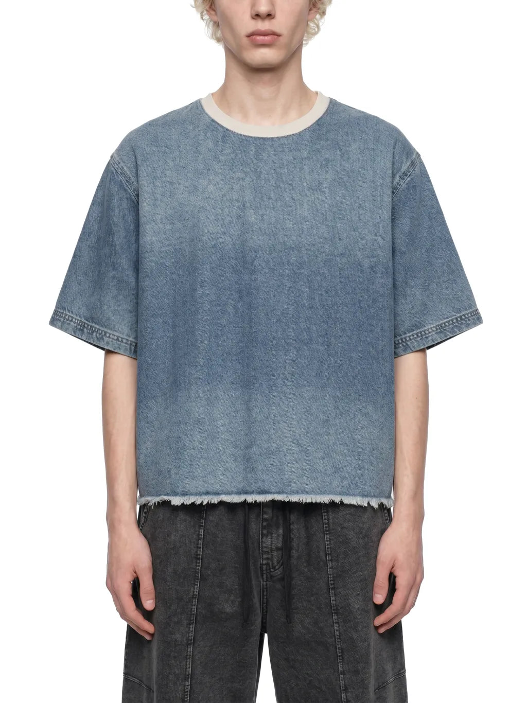 Vintage Wash Boxy Raw Hem Denim T-Shirt
