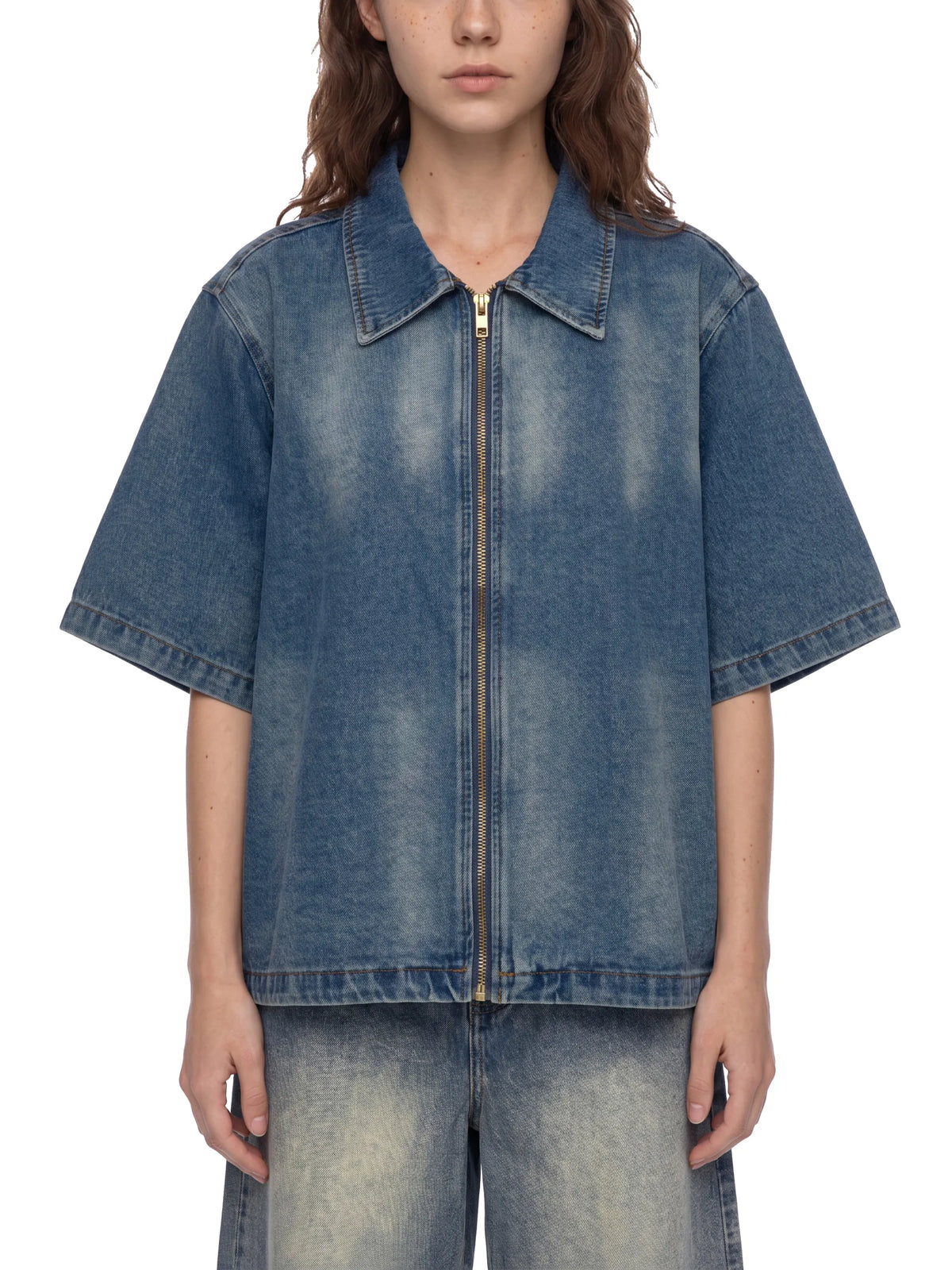 Vintage Washed Full-Zip Denim Shirt