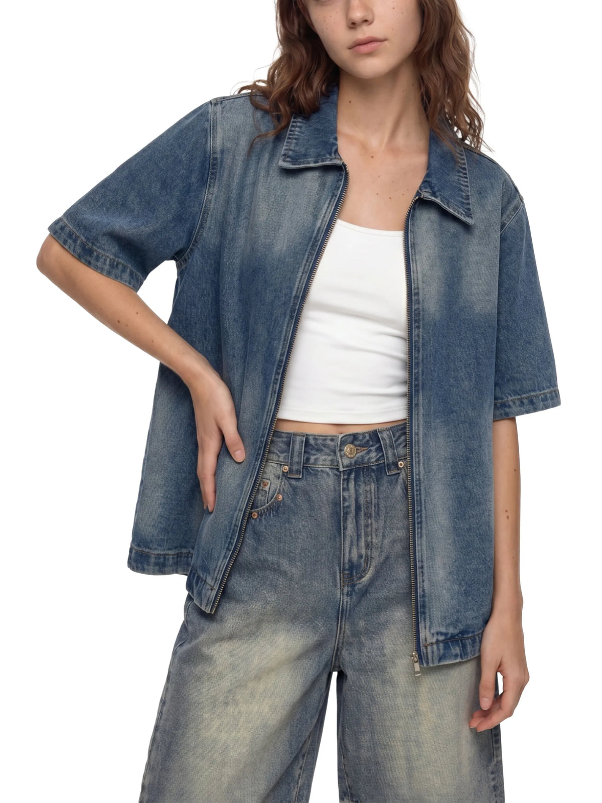 Vintage Washed Full-Zip Denim Shirt