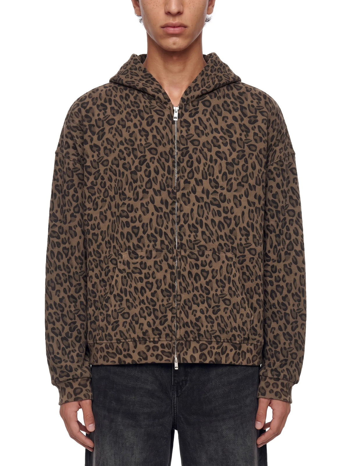 Leopard Print Waffle Full Zip Hoodie