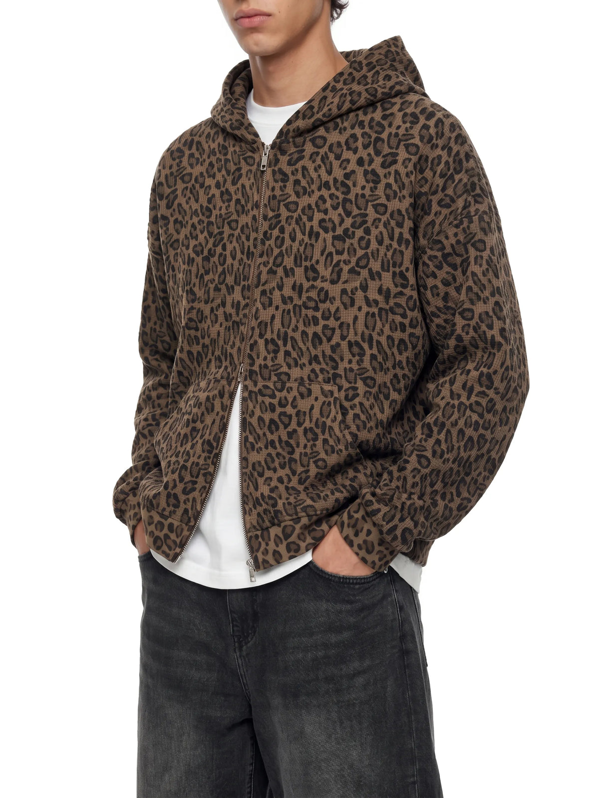 Leopard Print Waffle Full Zip Hoodie