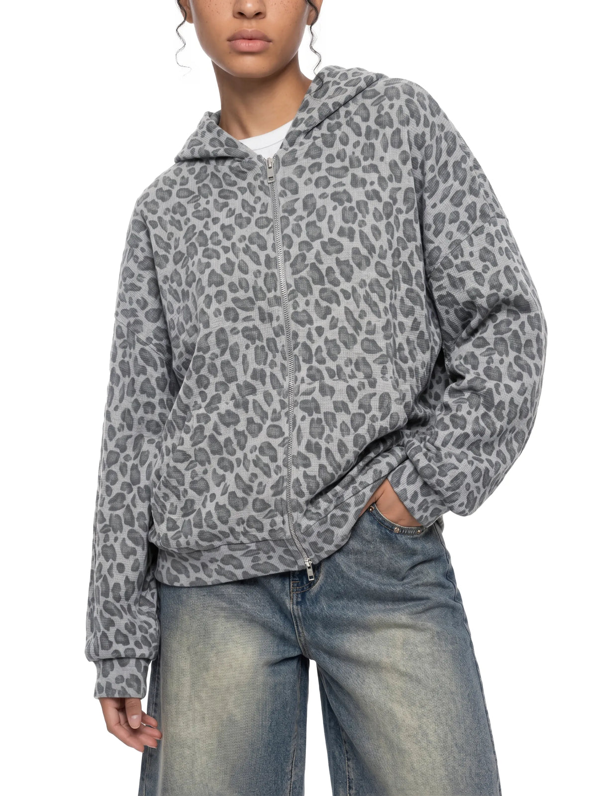 Leopard Print Waffle Full Zip Hoodie