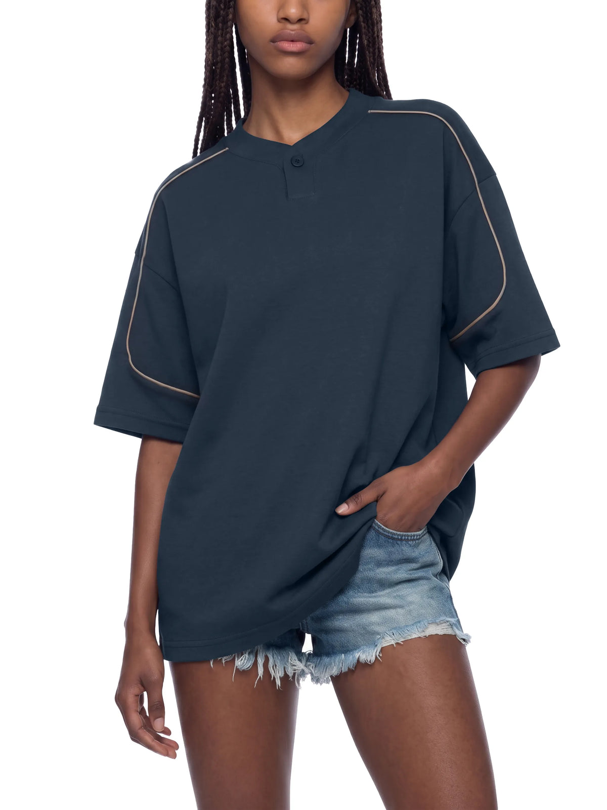 Oversized Piping Henley T-Shirt