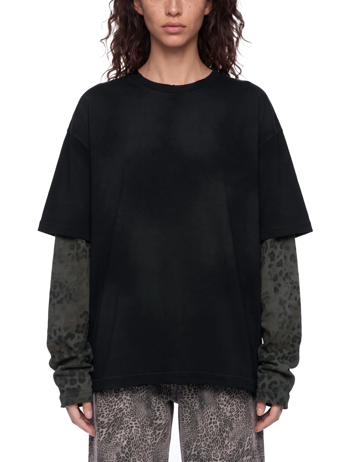Vintage Wash Leopard Paneled Layer T-Shirt