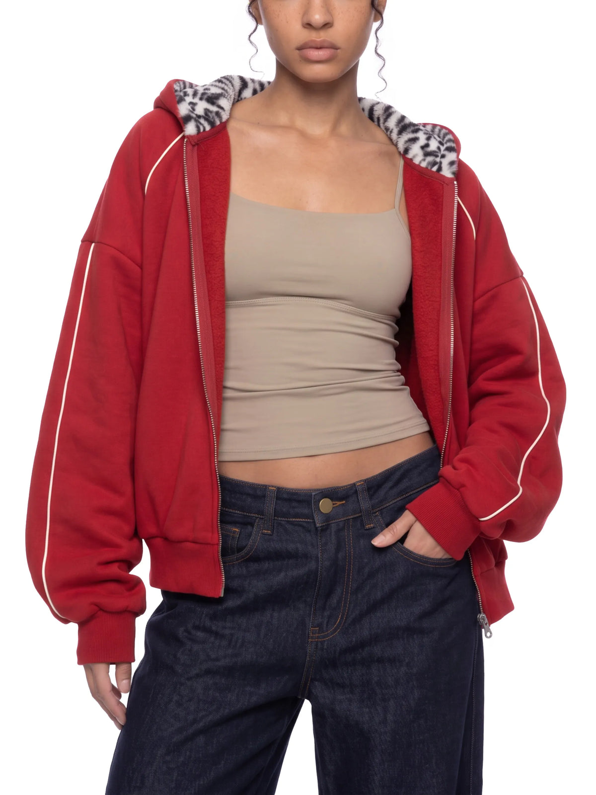 Boxy Fleece Piping Full Zip Hoodie