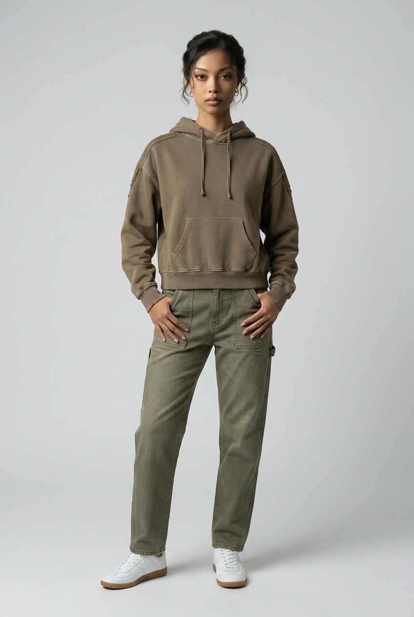 Snow Washed Tape Raw Edge Hoodie