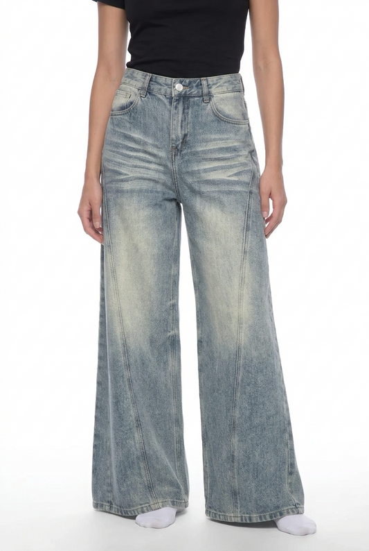 Vintage Wash Wide Leg Denim Jeans