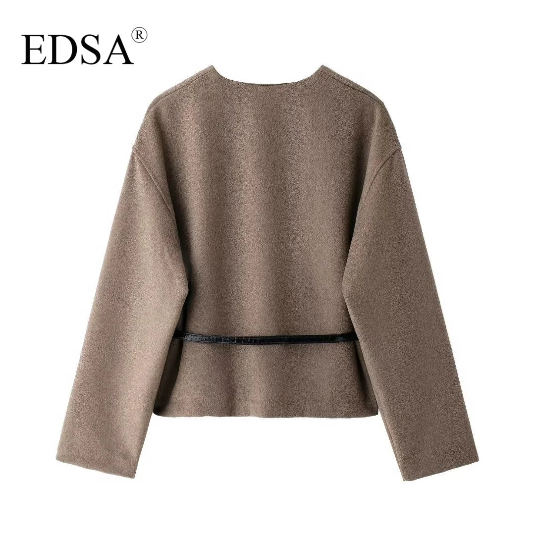 EDSA Women Soft Belted Jacket Wrap V-neck
