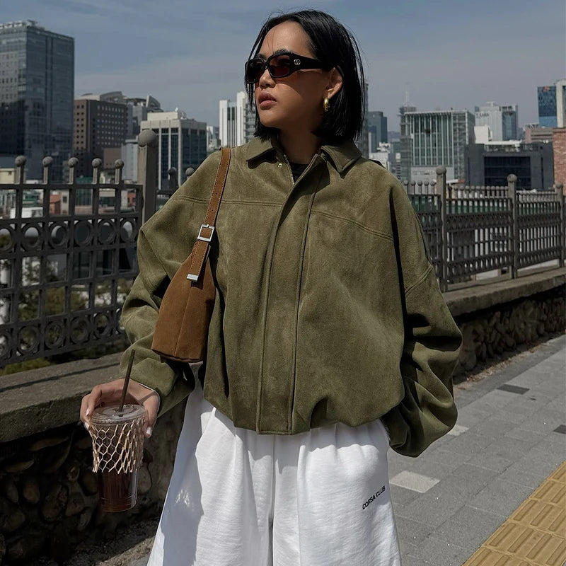 HXAO Women's Suede Bomber Jacket