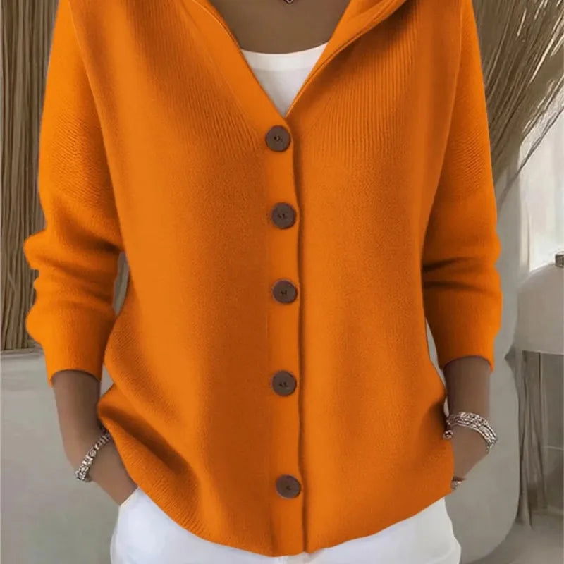 Solid Color Button Knit Hooded Sweater