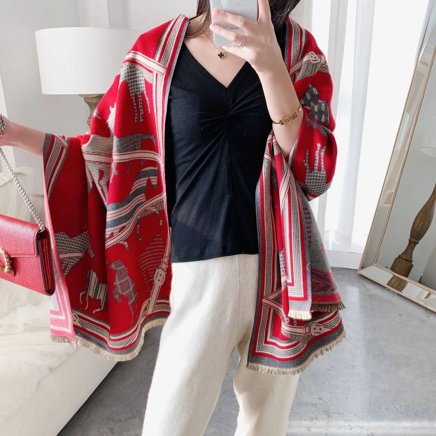 Cashmere Scarf Women Luxury Horse Print