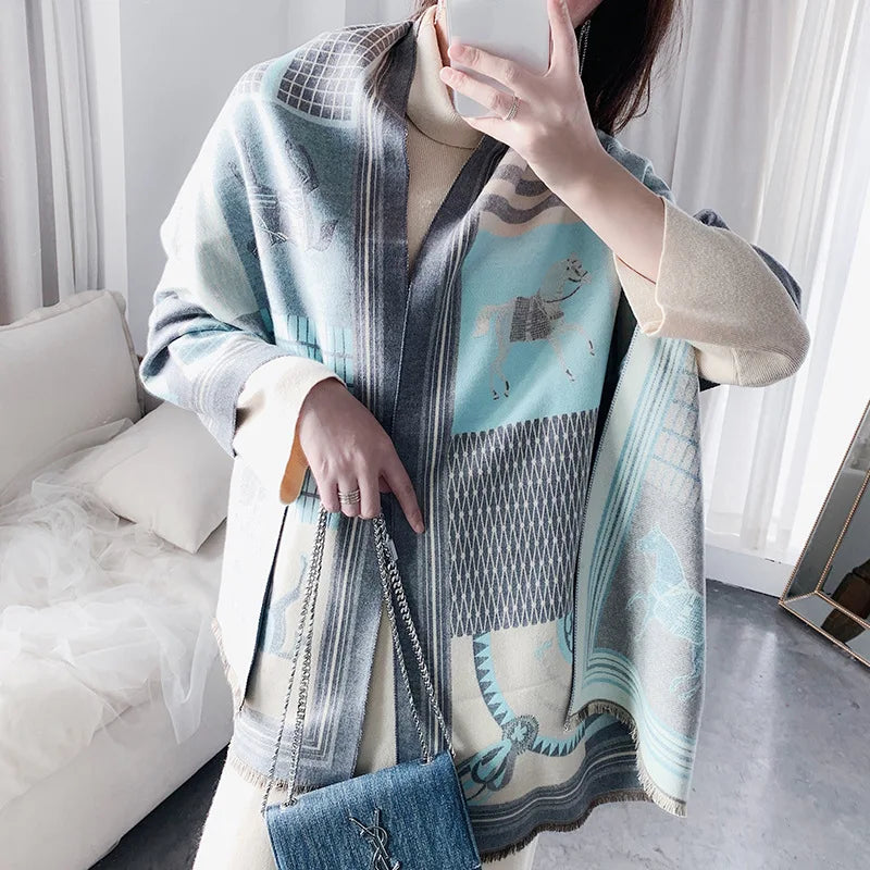 Cashmere Scarf Women Luxury Horse Print