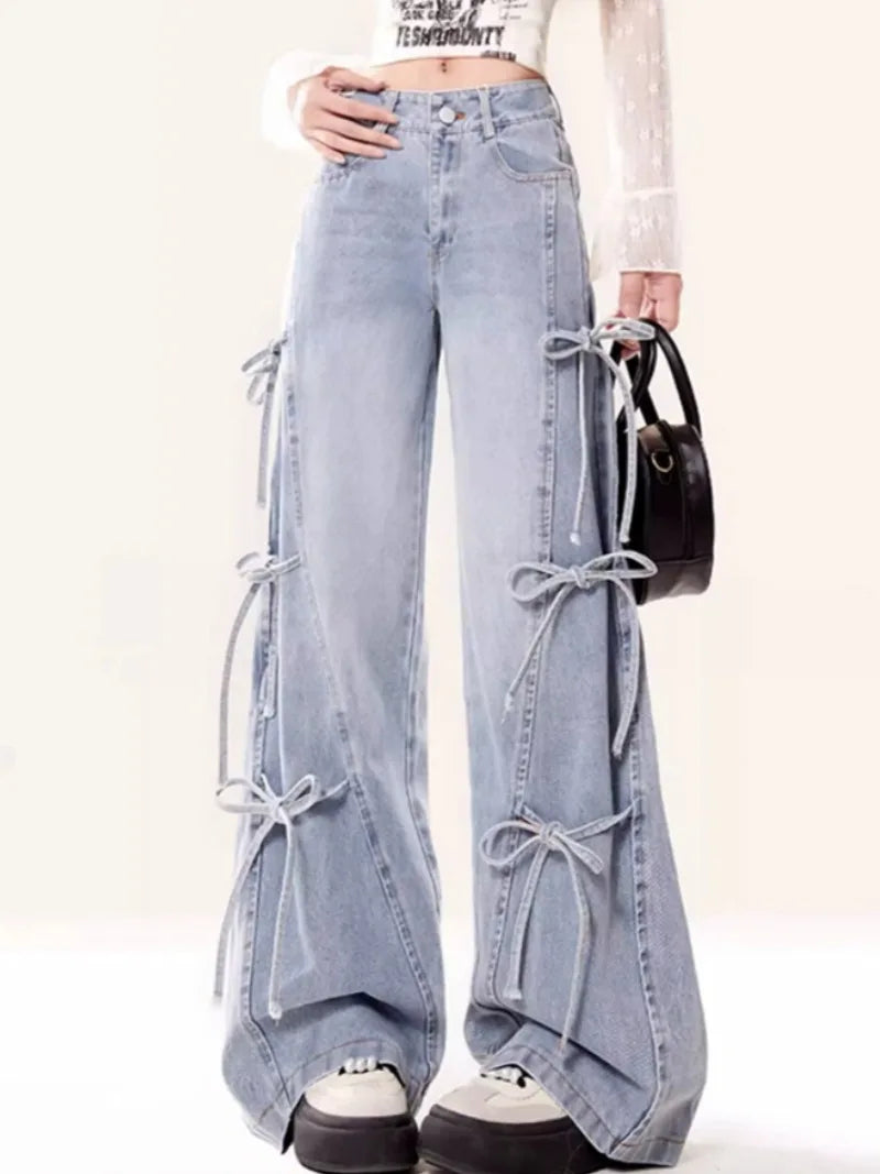 Jeans Women Vintage Bow Design Baggy Wide Leg