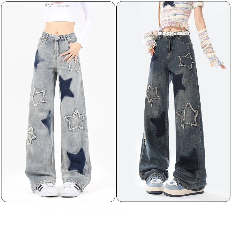 Vintage Star Embroidery Casual Denim Trousers