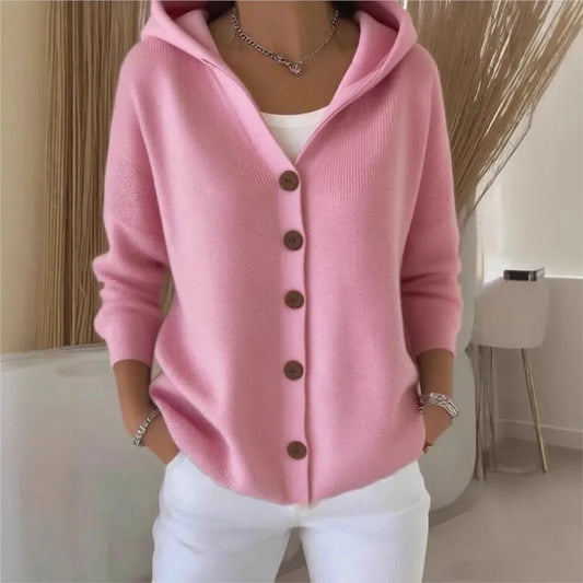 Solid Color Button Knit Hooded Sweater