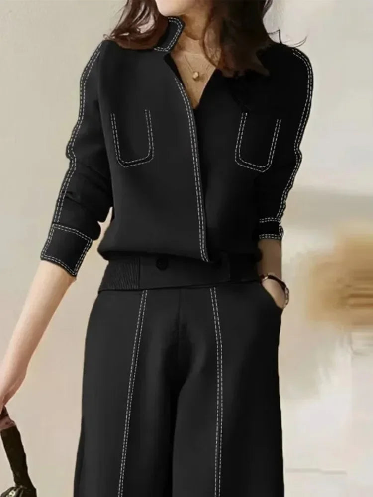 Long Sleeve Split-Joint V-Neck Cardigan Top & High Waist Loose Casual Pant