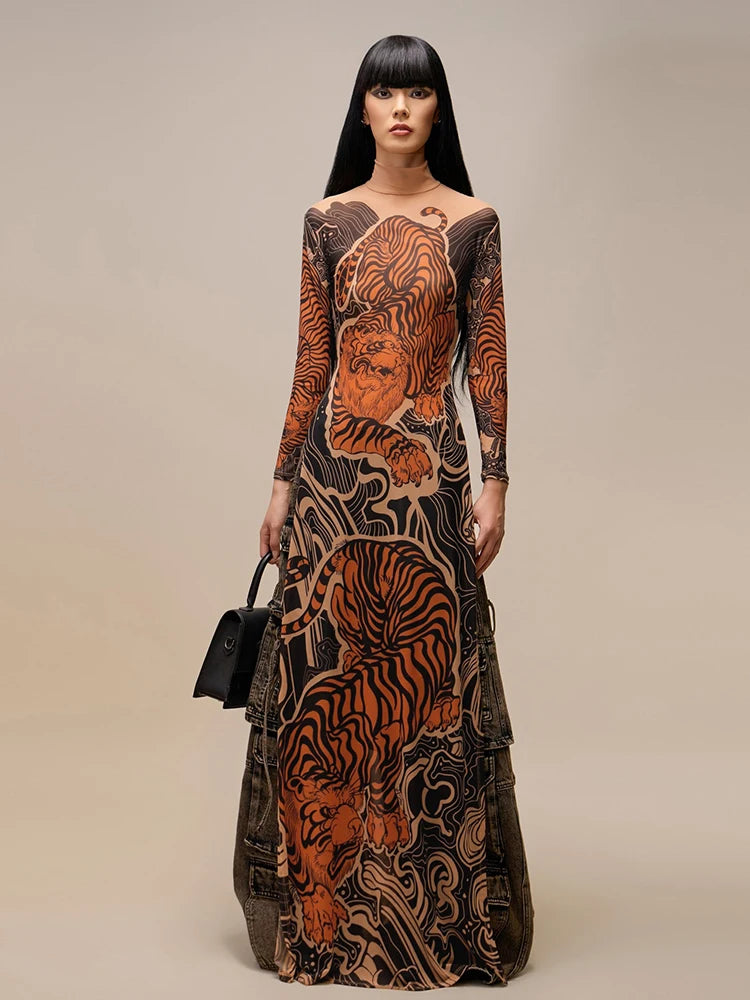 Tiger Print Sheer Long Sleeve Top