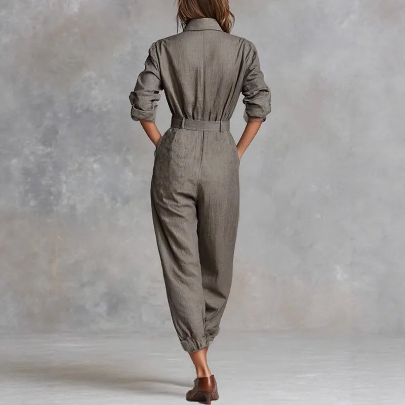 Retro Solid Color Button Lapel Shirt Jumpsuits