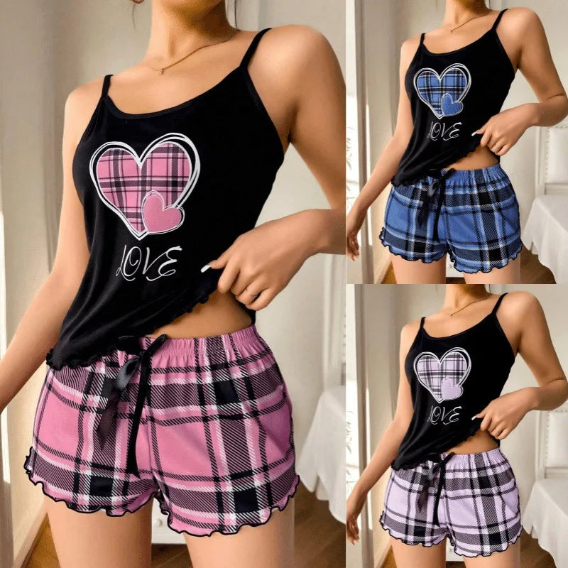 Plaid Heart Cami &Shorts Pajama Set