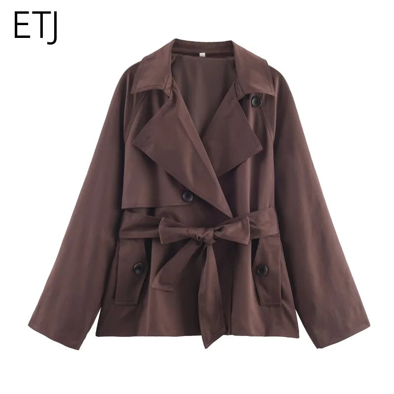 Women's British style lapel double-breasted Maillard color belt coat