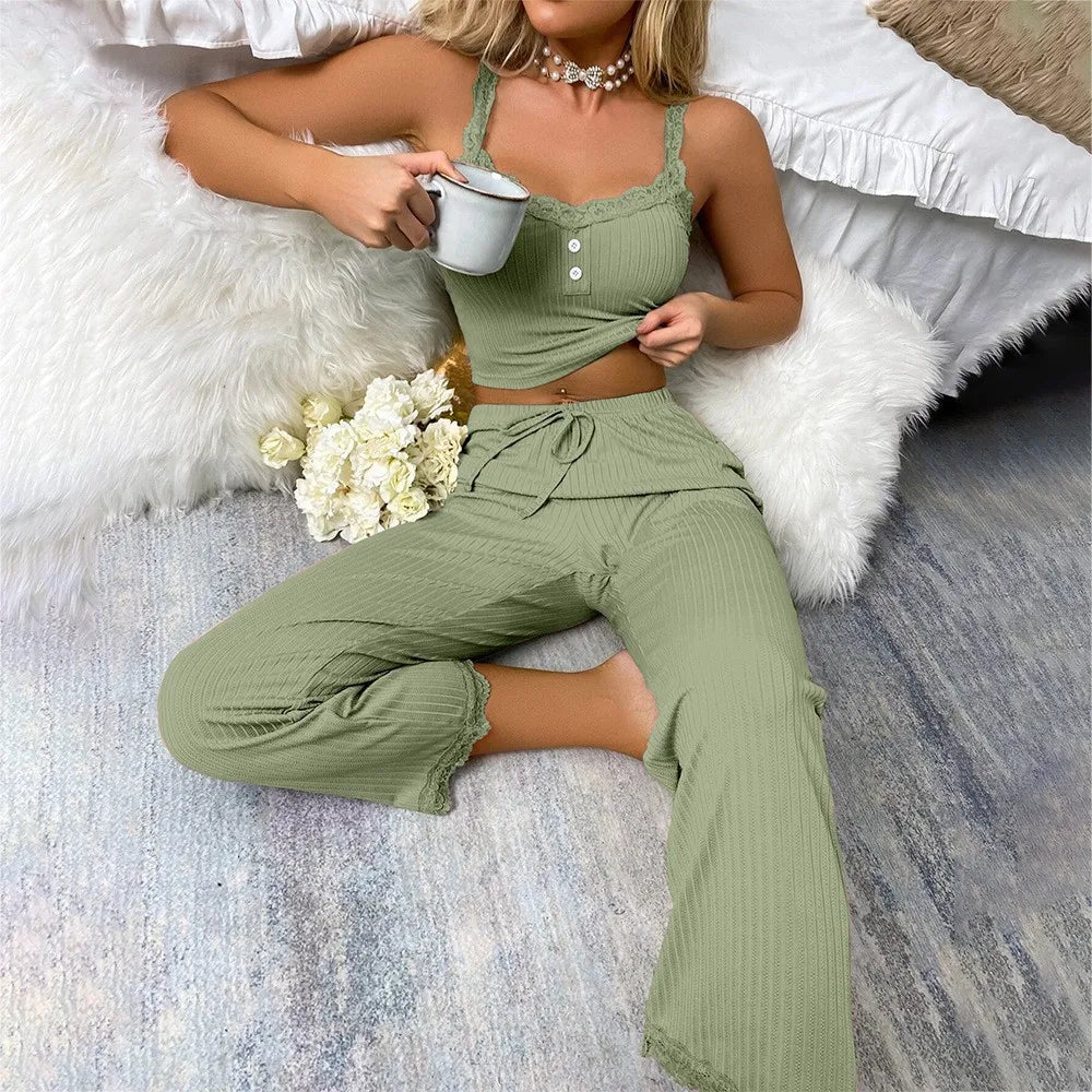 Women's two-piece pajama set with solid color lace edging