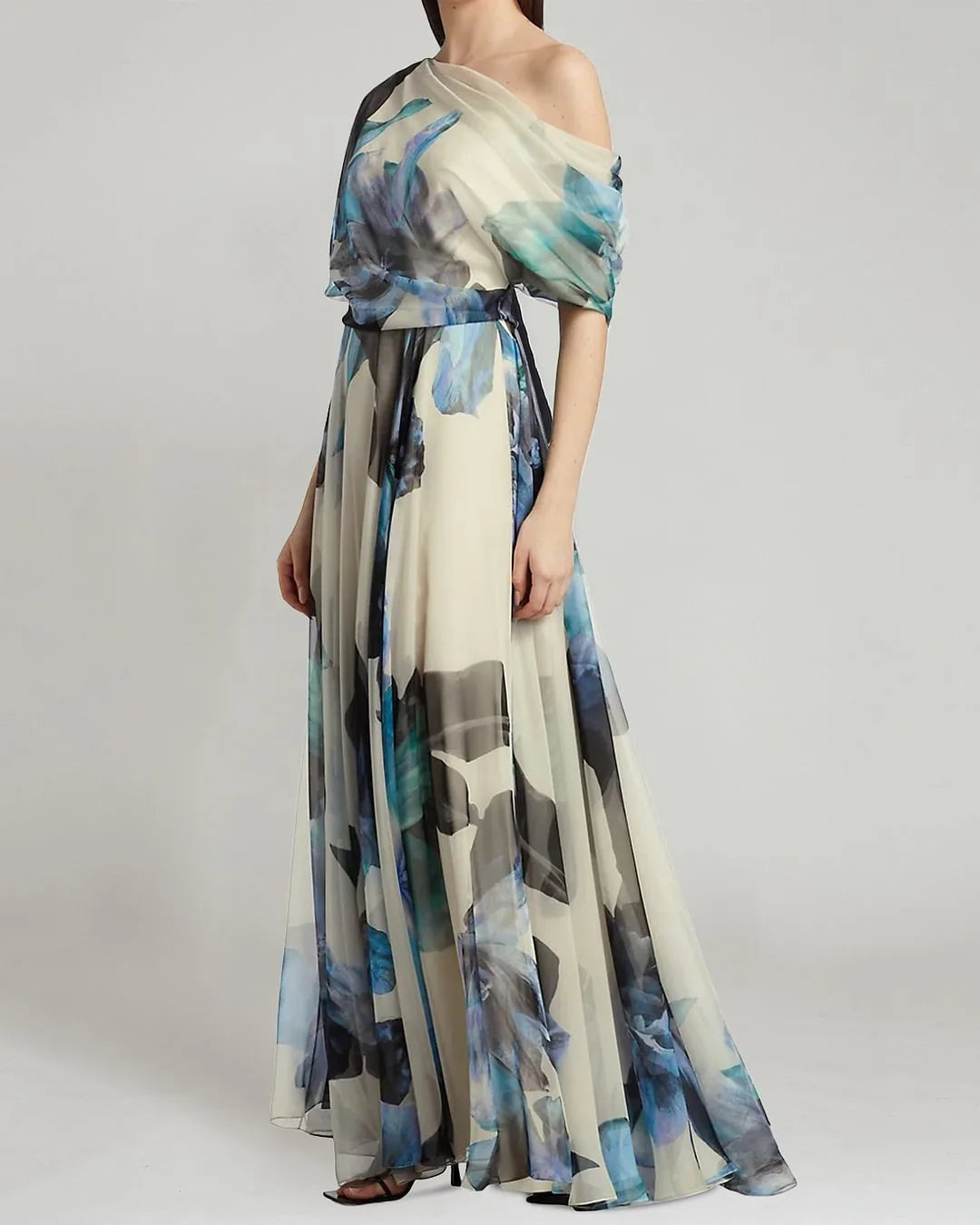 Lace Up Short Sleeve Printed Slim Fit Maxi Dress