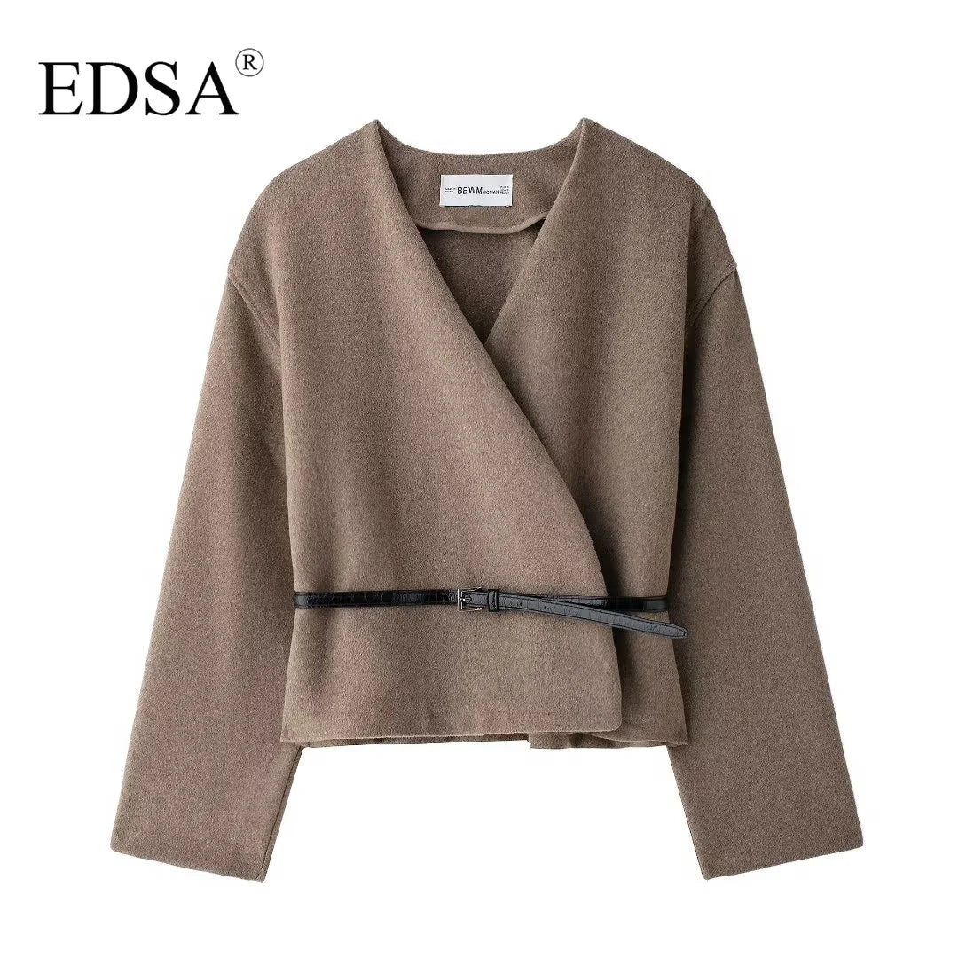 EDSA Women Soft Belted Jacket Wrap V-neck
