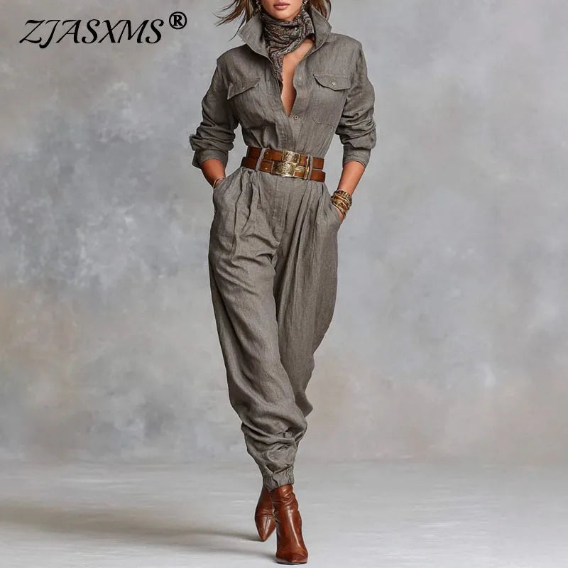 Retro Solid Color Button Lapel Shirt Jumpsuits