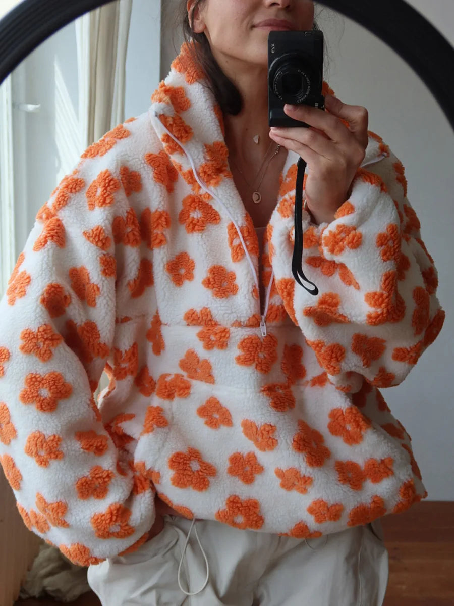 Polar Fleece Flower Blossoms Sweater Collar Zipper Top