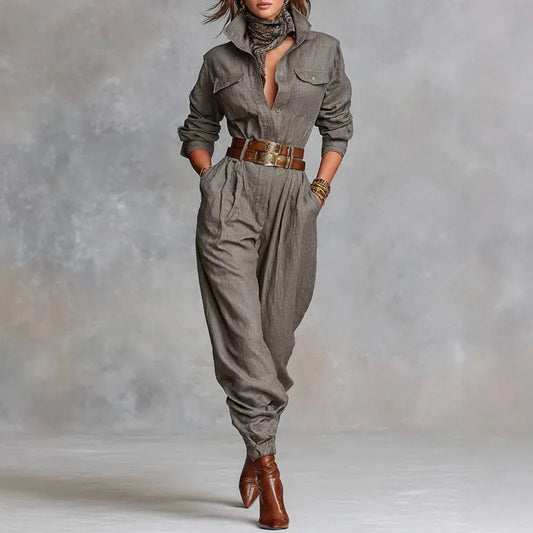 Retro Solid Color Button Lapel Shirt Jumpsuits